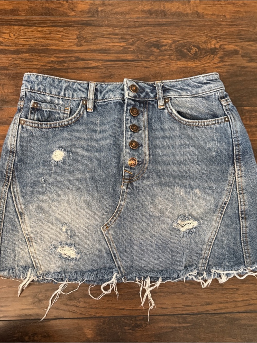 We The Free Distressed Button-Front Denim Mini Skirt